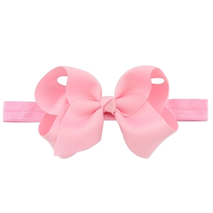 Pink handmade grosgrain ribbon bow headband for baby girls with high elasticity strap