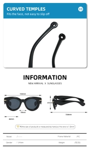 Detailed view of the PC frame dimensions and physical specifications for these sunglasses