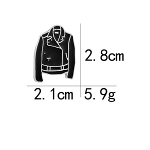 Detail view of cartoon jacket enamel pin with dimensions 2.8cm height and 5.9g weight