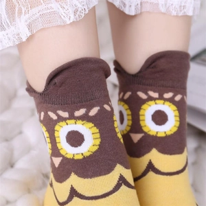 Cute brown owl pattern cotton socks for women with 3D ears and knitted texture