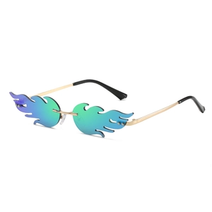 Trendy rimless flame shaped sunglasses with blue green gradient lenses and gold metal frame