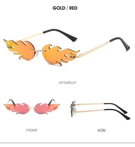 Three-way view of flame-shaped rimless sunglasses with gold frame and red-orange lenses