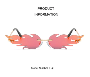 Macro detail of rimless flame shaped sunglasses with red orange gradient lenses