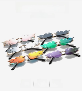 Collection of flame-shaped rimless sunglasses in various gradient colors with metal frames