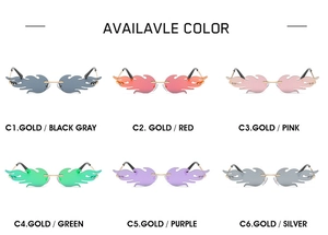 Detailed grid view of flame shaped rimless sunglasses in six vibrant lens colors