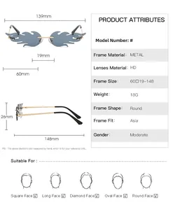 Size chart for flame rimless sunglasses with metal frame dimensions and face shape guide