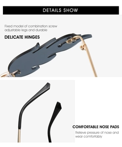 Detail view of durable metal hinges and adjustable temples on flame-shaped sunglasses