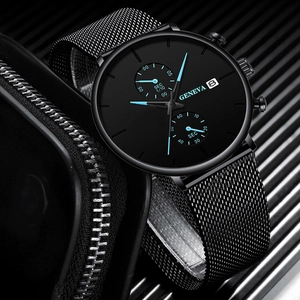 Geneva men's black quartz watch with stainless steel mesh strap and date display