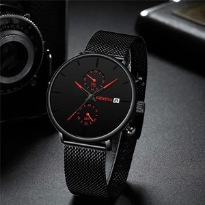 Business men's black mesh quartz watch with date display and red accents on dark background