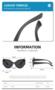 Größentabelle für PC-Cateye-Sonnenbrillen mit Maßen, Gewicht und Bügeldetails