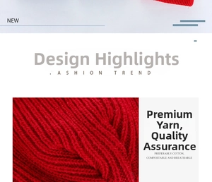 Detailed macro view of red winter knitted beanie with thick cotton ribbed texture