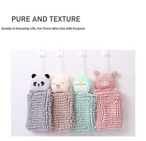 Hanging chenille hand towels in cartoon panda, cat, penguin and pig shapes for bathroom