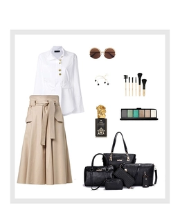 Flat lay of woven texture handbag set with elegant beige skirt and fashion accessories