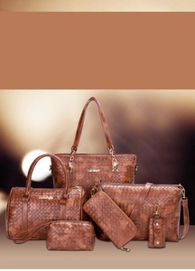 Detailed set of 6 brown woven texture bags including tote, handbag and purse set