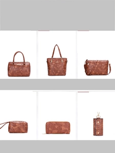 Detailed grid view of dark brown woven texture multi-piece handbag set with six pieces