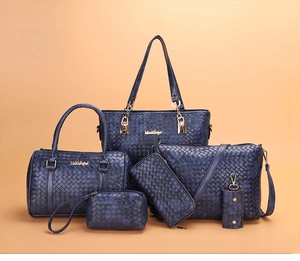 Detailed set of six blue woven texture handbags including tote, crossbody, and wallet