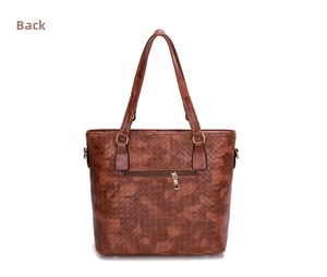 Detailed back view of a brown woven-texture tote bag featuring a practical zipper pocket