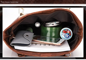 Top view of large capacity brown woven tote bag interior showing spacious storage room
