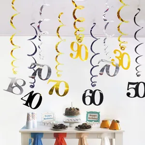 Metallic PVC ceiling swirls with numeric age charms for birthday party decorations