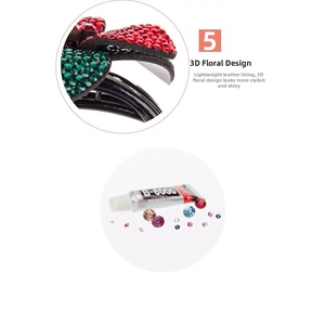 Detailed view of rhinestone flower hair clip with leather base and handcrafted crystal setting