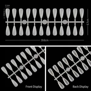 Translucent almond nail tips set with size measurements on black background