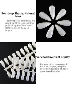 Detail of almond-shaped nail tips in translucent white on display plastic stand