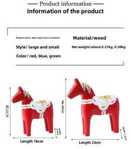 Detailed size specifications for large and small red painted wooden Dala horse ornaments