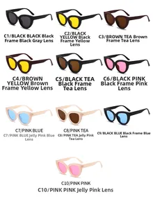 Collection of ten vintage cat-eye sunglasses with colorful frames and lenses in 3x3 grid