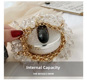 Detail showing the open luxury crystal evening bag with golden metal frame and chain
