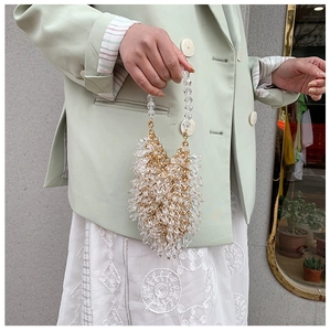 Detailed shot of a luxury evening bag with transparent crystal beads on a female model