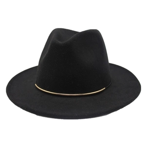 Detail of black wool fedora hat featuring a slim gold metal decorative band on the brim