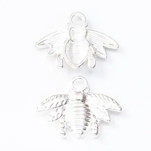 Pair of vintage silver alloy bee charms with detailed wing texture for DIY jewelry making