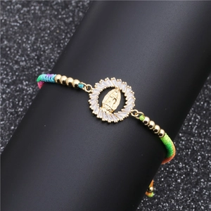 Religious Virgin Mary braided bracelet with copper zircon pendant and colorful cord