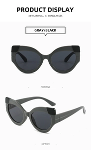 Vorderansicht und 45-Grad-Seitenansicht der grau-schwarzen Cat-Eye-Sonnenbrille mit Gläsern