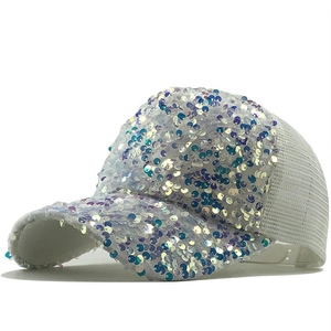 White mesh baseball cap with iridescent sequins and breathable design for summer fashion