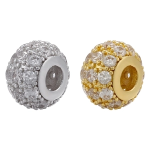 Spherical micro-pave zircon large hole beads in gold and silver plating for DIY jewelry