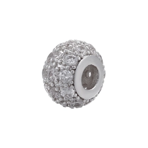 Silver bead charm for DIY bracelets with micro-pave cubic zirconia on white background