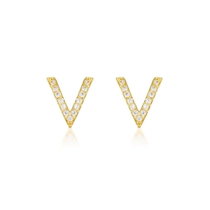 Elegant gold V-shaped stud earrings with sparkling cubic zirconia on white background
