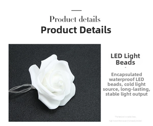 Detail of waterproof LED beads inside white rose petals for festive light strings