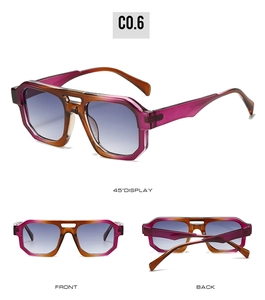 Three perspectives of irregular double-bridge sunglasses in gradient blue-grey and purple