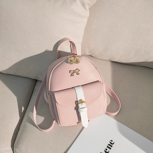 Mini zaino rosa in pelle PU per donna con fiocco dorato e cerniera a forma di foglia