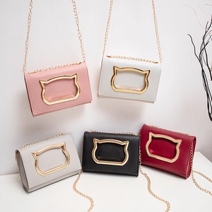 Women Crossbody Bag Cute Cat Metal Handle PU Leather Gold Chain Small Square Flap Shoulder Purse Fashion Chic