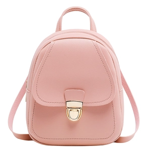 Pink mini PU leather backpack for women with gold hardware and flip-top lock design