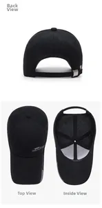 Detailed views of black cotton baseball cap showing back buckle, top, and inner lining