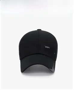 Detailed front view of black sports baseball cap with white fashion text and curved brim