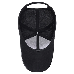 Internal structure of black long brim baseball cap with reinforced seams and button detail