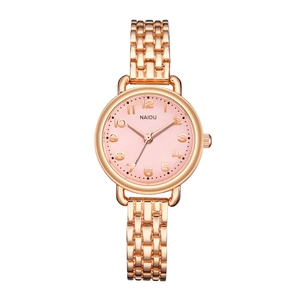 Elegant rose gold women's quartz watch with pink dial and chic metallic link bracelet