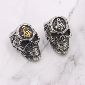Men's vintage punk stainless steel skull rings with silver and gold masonic emblems