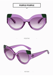 Detailansicht der lila Katzenaugen-Sonnenbrille mit grünen Akzenten und Farbverlauf