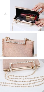 Detailed view of rose gold glitter evening bag showing interior space and rhinestone handle